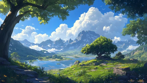 Expansive mountain valley rendered with high-detail atmospheric depth
