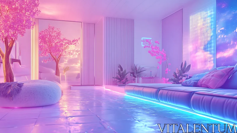 Neon-lit pastel loft merges zen minimalism with digital glow.