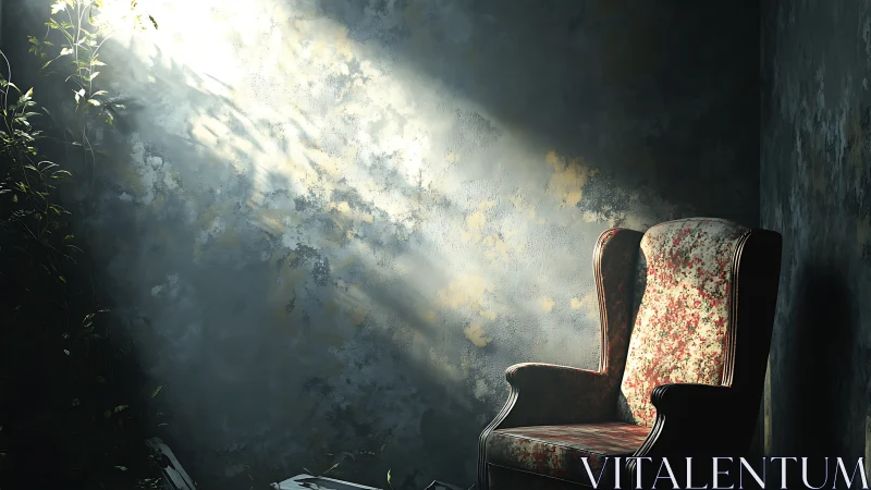 Sunlit floral armchair cradled in a quiet, decaying room.