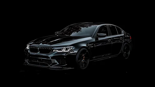 Glossy black sports sedan gleams against deep black void.