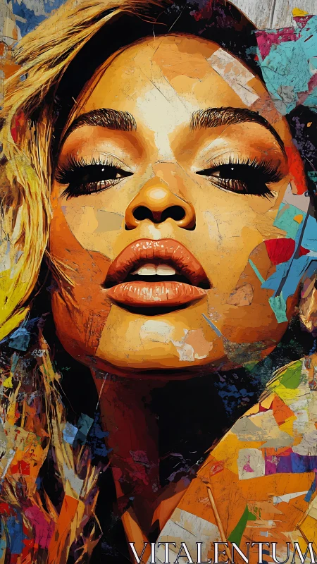 Chromatic muse rising in shattered paper-light glory.