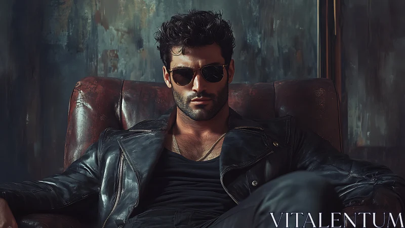 Man in leather jacket sits in worn armchair indoors