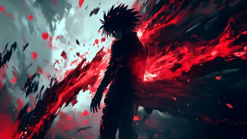 Silhouetted figure with red energy bursts in dark space.