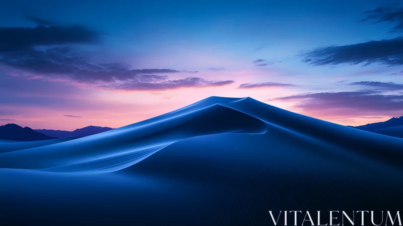 Serene blue sand dunes rest under a glowing twilight sky