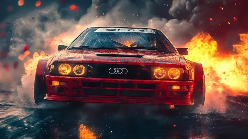 Rally-bred Audi coupé drifting through firelit wet asphalt