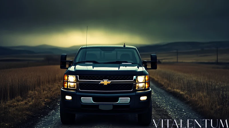 Black pickup truck stands on rural dirt road under storm sky