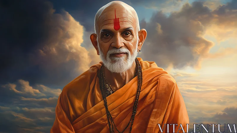 Elderly Hindu monk portrait under dramatic backlit clouds