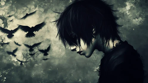 Shadowed dreamer bows gently as dark birds rise around