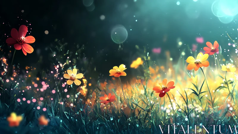 Luminescent Wildflowers with Volumetric Bokeh in Nighttime Environment