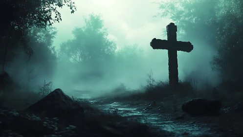 Stone cross dominates foggy forest path under cold teal light