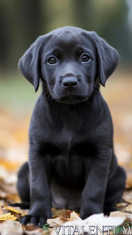 Black Labrador puppy sits on autumn leaves outdoors