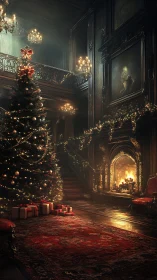 Grand holiday hearth glow in a storybook winter manor.