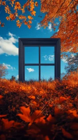 Open window frame stands in vivid orange autumn field