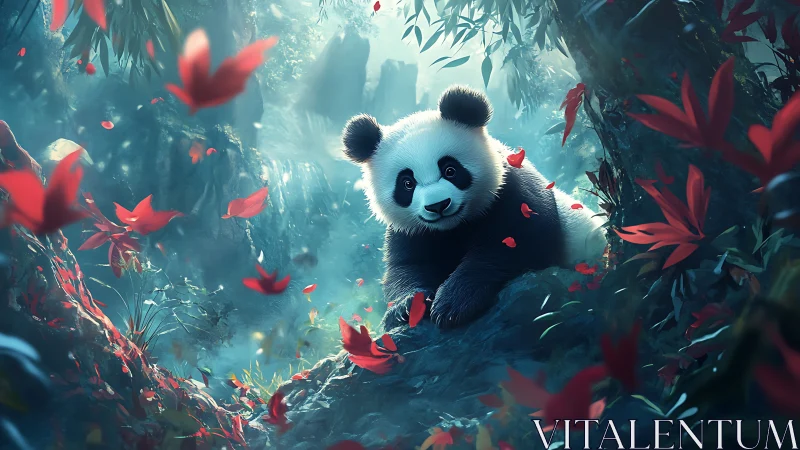 Playful panda rests in enchanted teal forest glade.
