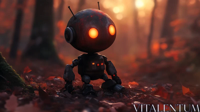 Glowing-eyed forest robot amid warm autumn dusk light.