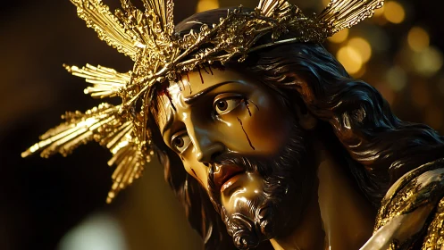 Gilded sorrowful Christ sculpture under dramatic warm light.