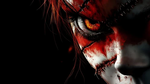 Stitched demonic face with glowing eye on black background.