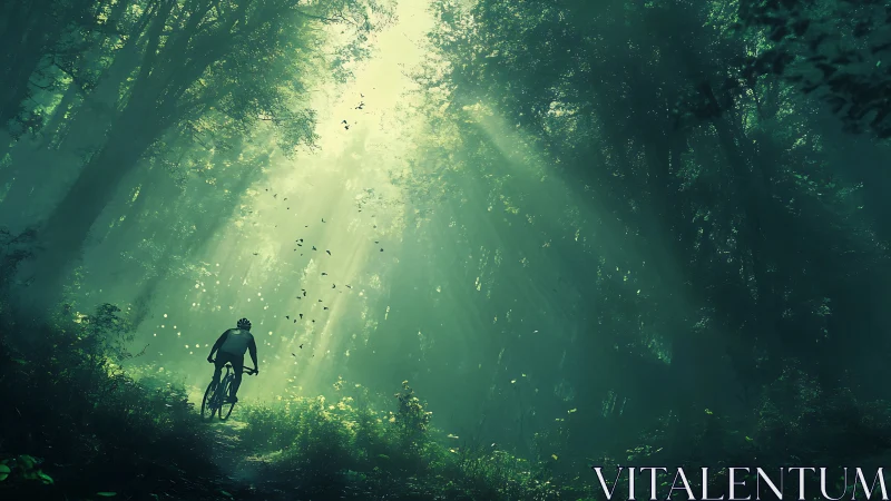 Cyclist navigating forest path beneath canopy.