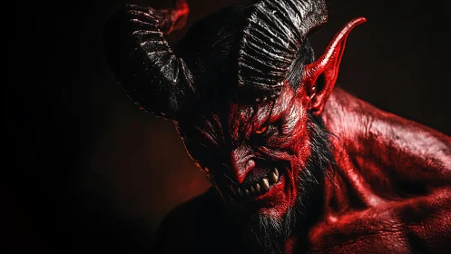 Horned demonic creature in low key dramatic lighting.