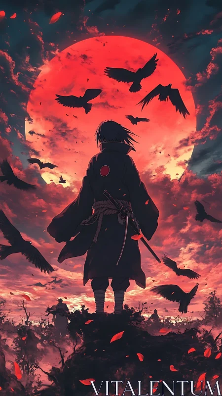 Silhouetted figure observes red moon amid circling crows