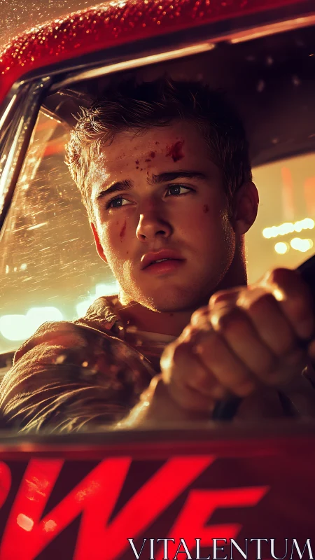 Bloodied driver grips steering wheel under neon glow.