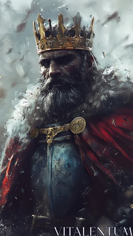 Weathered king in crimson cloak standing strong in storm.