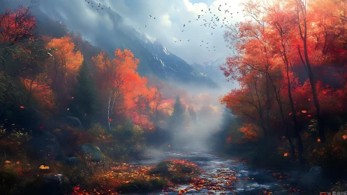 Autumn river glows beneath misty mountains at sunrise.