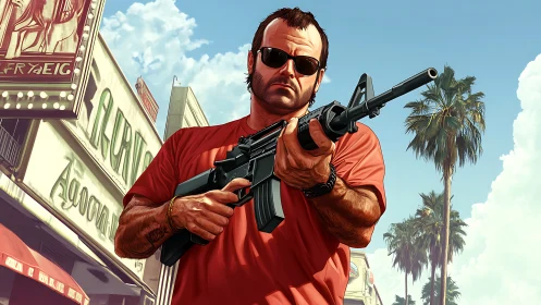 Tense gunman confronts the viewer on a bright city street