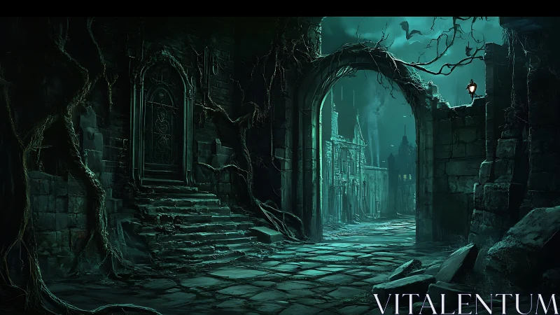 Moonlit ruined gate overlooks deserted gothic street