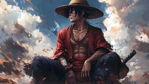 Straw-hatted warrior seated against dynamic painterly sky backdrop