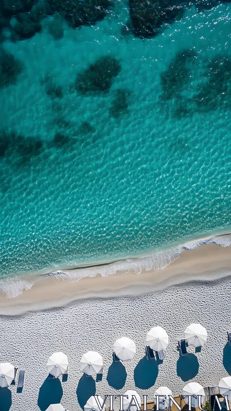 Aerial shoreline geometry with umbrellas and cyan surf