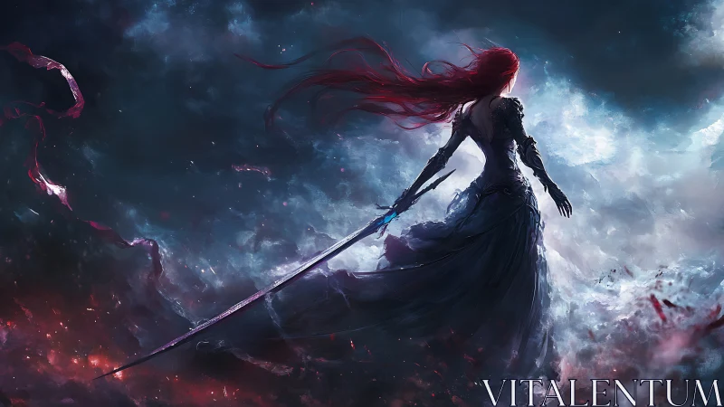 Skyborne warrior with flowing crimson hair stands fearless.