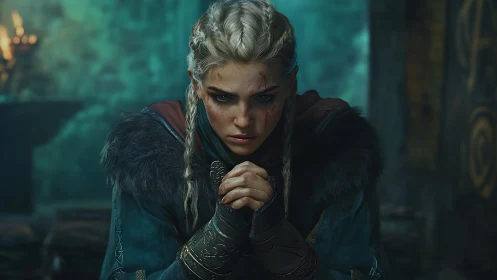 Viking shieldmaiden studies battle in cold torchlight.