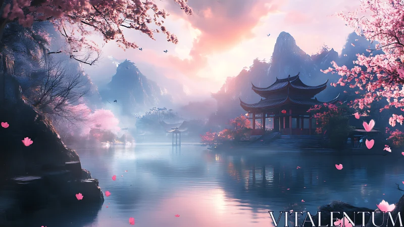 Gentle sunrise over a cherry blossom lakeside temple.