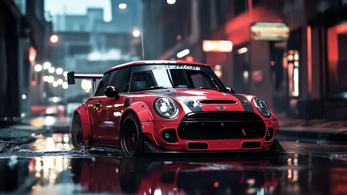 Red street racer mini gliding through moody neon rain.