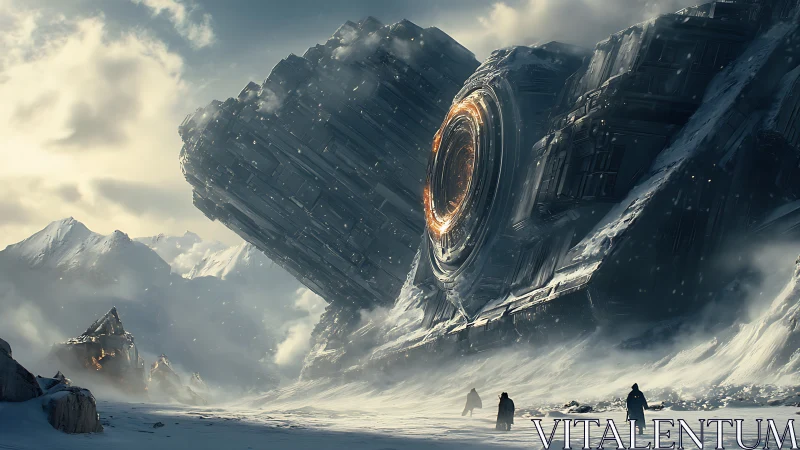 Colossal crashed ring-portal starship in glacial mountain valley