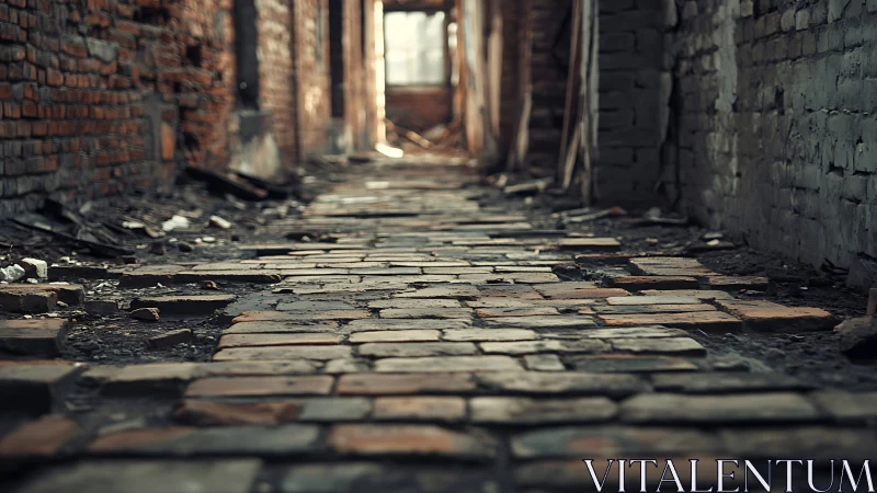 Weathered brick alleyway leading toward soft evening light.