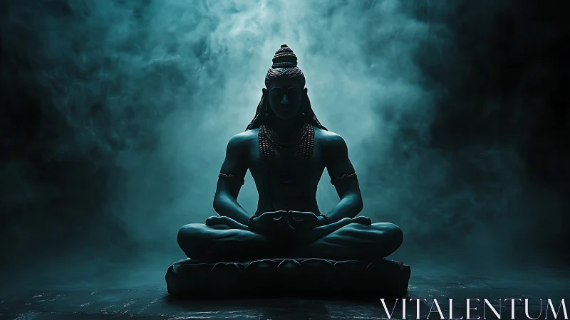Backlit Shiva sculpture in meditative pose within volumetric fog