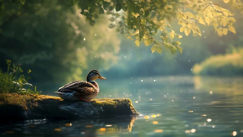 Serene duck resting by tranquil pond in soft morning light, painterly style.