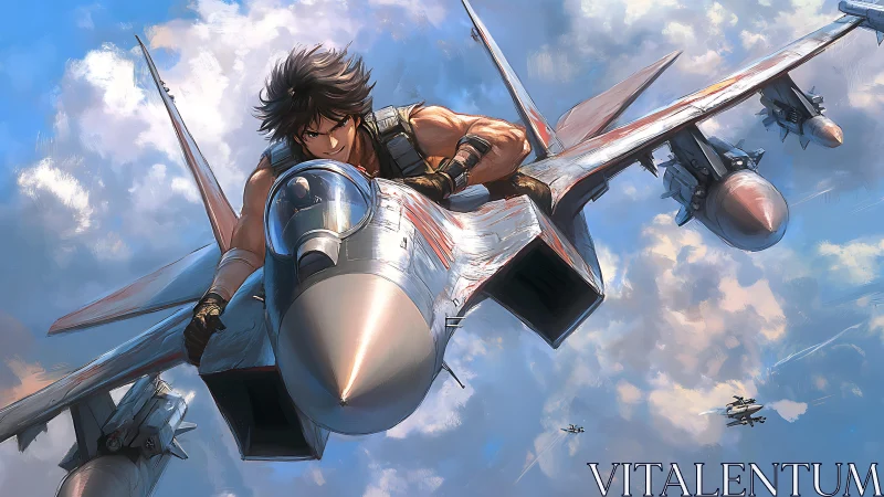 Fighter pilot grips jet fuselage in dynamic sky pursuit