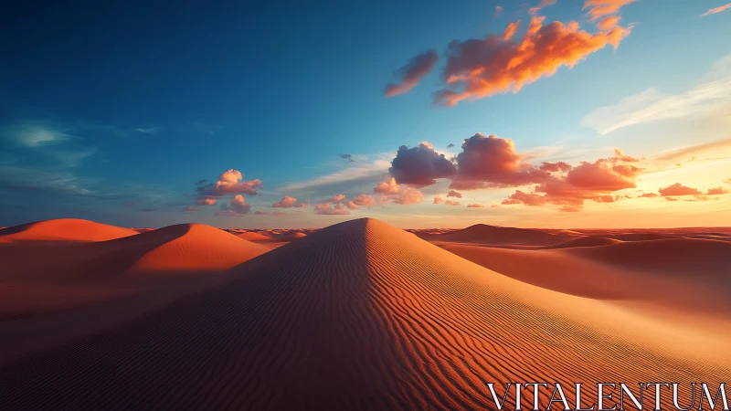Low-angle desert dune ridge under high-saturation sunset sky gradients