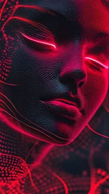 Neon-lit cybernetic face glows with abstract red currents.