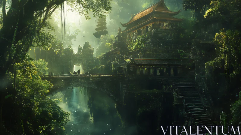 Ancient temple complex rises above misty jungle river gorge