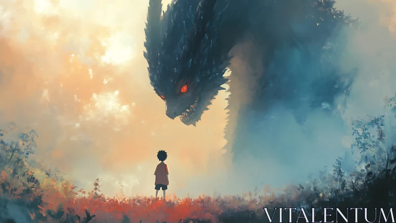 Boy confronts towering dark dragon in misty field.
