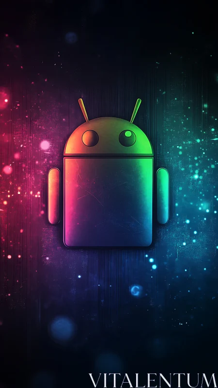 Android robot emblem in neon RGB gradient on dark tech field
