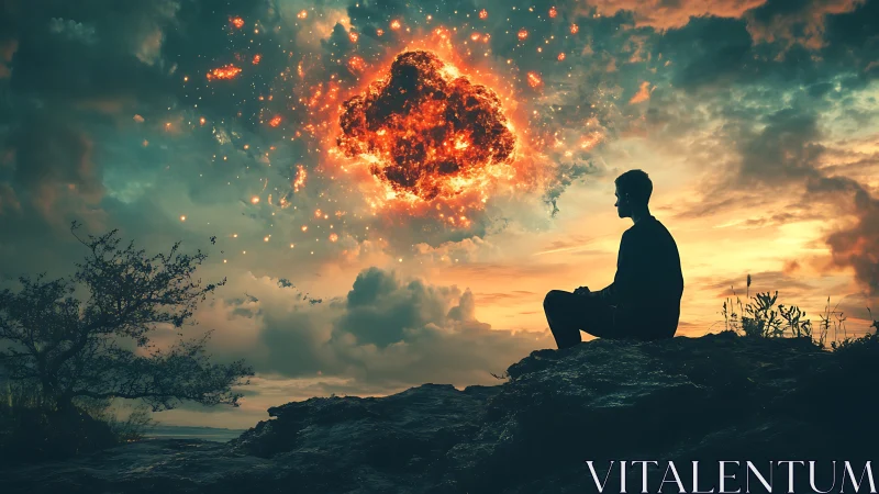 Silhouetted observer analyzing suspended stellar fire cloud.