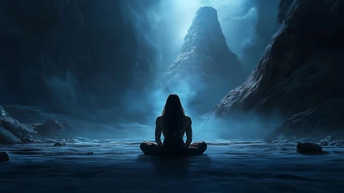 Solitary seeker converses with a blue-lit mountain of mist