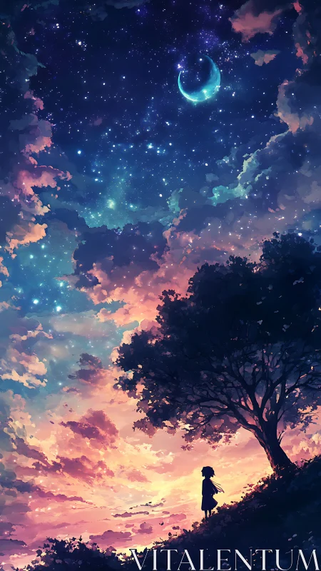 Stargazing child warmly admires a dreamy crescent sky