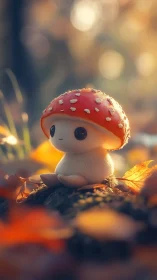 Cute mushroom creature sitting in warm autumn forest light.