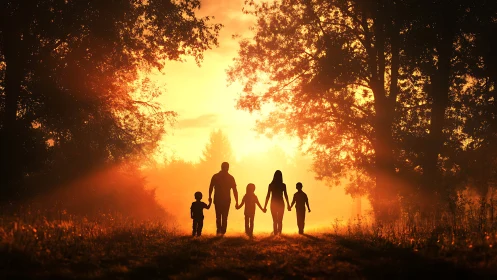 Silhouetted family walking on forest path at warm sunset.